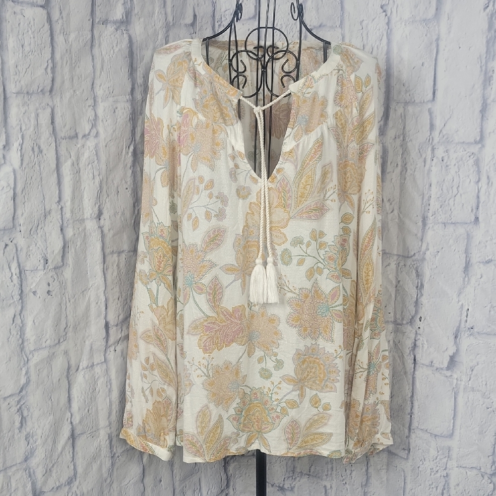 Lucky Brand Floral‎ Boho Blouse - Cream and Gold XL